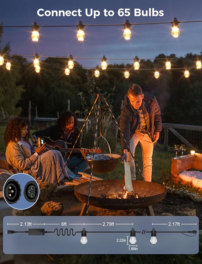 XMCOSY+ 48FT Smart Outdoor String Lights - RGBCWIC Dimmable Acrylic Bulbs, Color Changing LED Patio Lights APP WiFi Control, Compatible with Alexa, IP65 Waterproof Outside Lights for Yard Porch