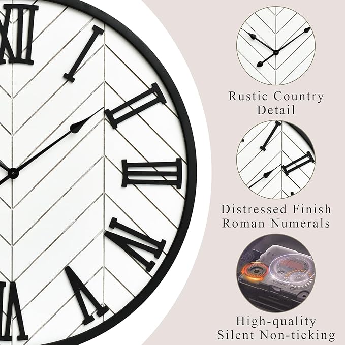 30 Inch Large Wall Clock Farmhouse Style - White Silent Non-Ticking Rustic Decor for Living Room, Kitchen, Bedroom