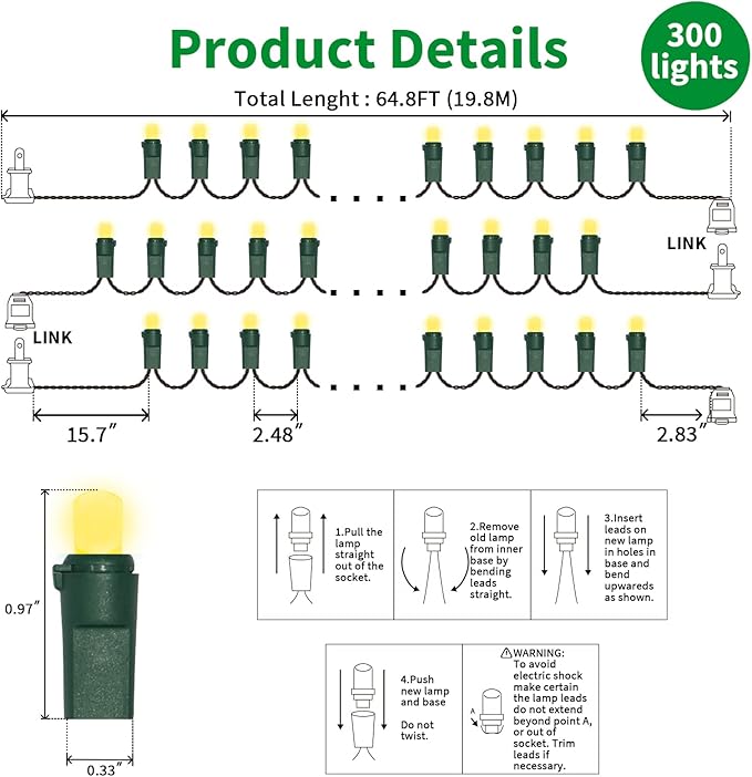 Yellow Wide Angle LED String Lights, 64.8 Ft 300 Count, Pack of 3 Strands 21.9 Ft 100 Lights UL Certified Commercial Grade Green Wire 5mm Holiday String Light