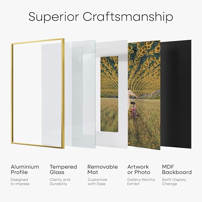 Homeforia 16 x 20 Picture Frame Gold, High End Metal 16x20 Poster Frames with Mat 11x14 Photo, 16 x 20 Gold Frame Matted to 11 by 14 Print, 20x16 Thin Hanging Frame, Tempered Glass, Wall Kit, Set of 1