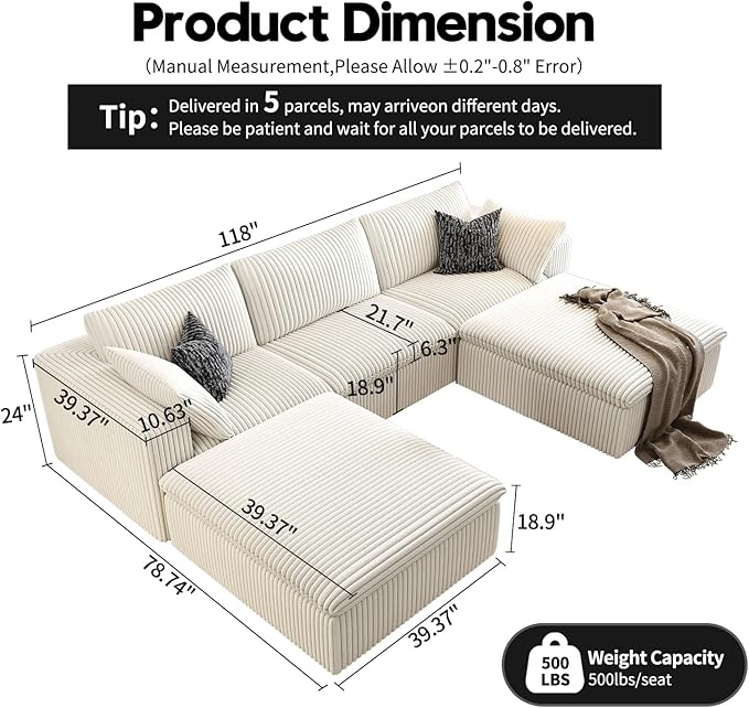 118" Cloud Couch Modular Sectional Sofa for Living Room,Modern Sofa with Deep Seat，U-Shape Boneless Couch with 2 Ottoman,Comfy Upholstered Corduroy Couches for Apartment, Studio, Office,Bedroom，White