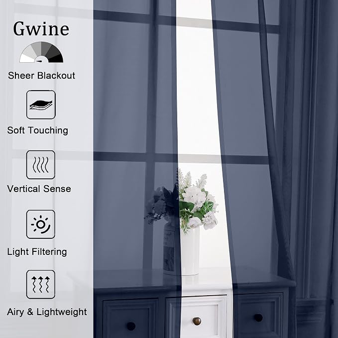 Gwine Navy Blue Sheer Curtains 90 Inches Long 2 Panels Set, Light Filtering - Image 2