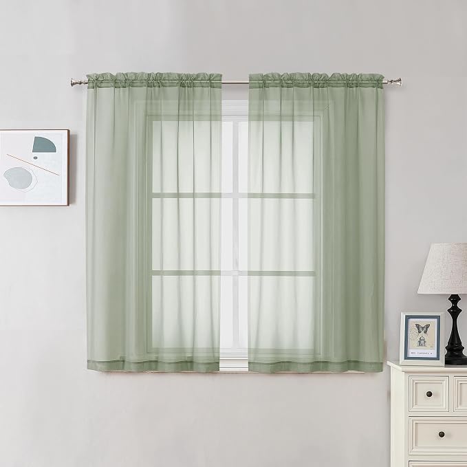 OVZME 2 Panels Sheer Sage Green Curtains 54 Inches Length Window Treatment by OVZME