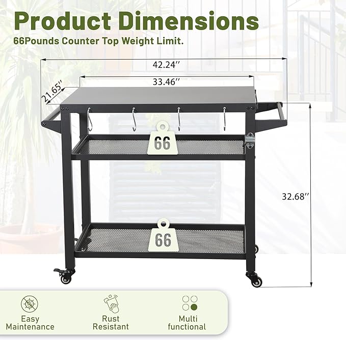 Domi 3-Shelf Outdoor Grill Table, Grill Cart Outdoor with Wheels, Pizza Oven and Food Prep Table, Blackstone with Propane Tank Hook, BBQ Stand for Blackstone Griddle for Outside BBQ