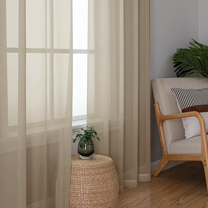 Simplebrand Taupe Sheer Curtains 63 Inch Length 2 Panels, Rod Pocket Solid - Image 5