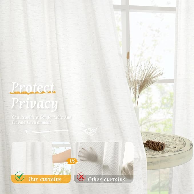 LAMIT Ivory White Linen Curtains 48 Inch Length, Faux Linen Textured Light - Image 5