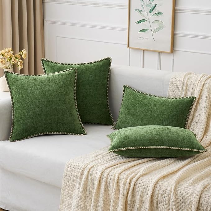 MIULEE Pack of 2 Christmas Pillow Covers 12x20 Inch Moss Green Farmhouse Decorative Throw Pillow Covers with Stitched Edge Soft Chenille Solid Dyed Couch Pillow Covers for Sofa Bed Living Room