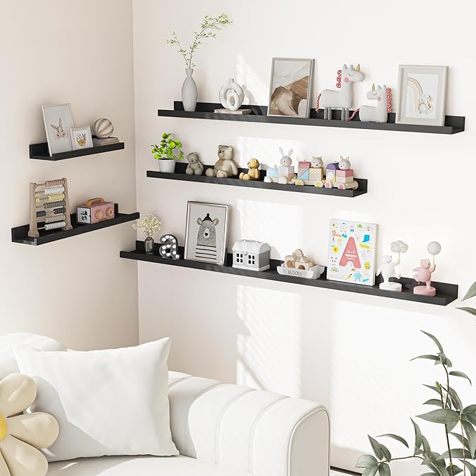 Heimlove Picture Ledge Shelf, Floating Shelves Set of 2, 72 Inches Long Large Picture Shelf for Wall with Ledge, Kids Bookshelf Wall Mounted for Living Room Bedroom Decor Books Photo Frames, Black