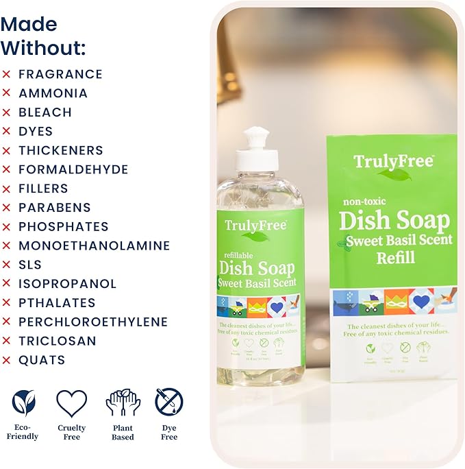 Natural Concentrated Dish Detergent Dishwashing Liquid | Plant-Based Dish Soap | Sweet Basil Fresh Scent | 2 Refill Packs with 1 Empty Refillable Squeeze Bottle (16 Oz)