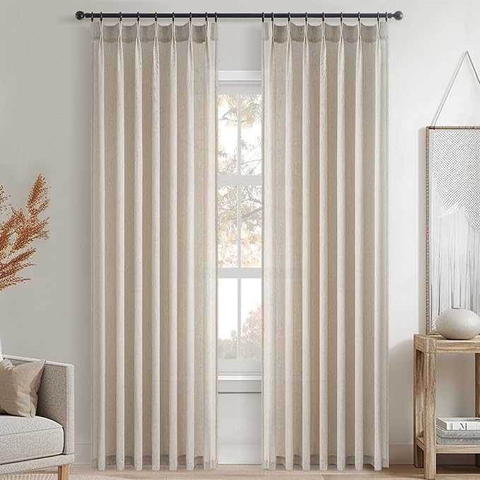 Topfinel 105 Inch Pinch Pleated Linen Curtains 1 Panels, Oatmeal Semi Sheer - Image 8