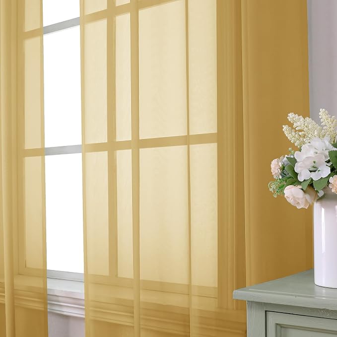 Aiyufeng Gold Sheer Curtains 63 Inch Length 2 Panels Set, Light Filtering Gold - Image 2