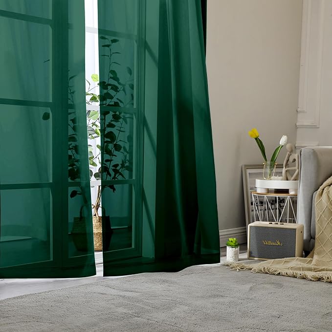 Lecloud Hunter Green Sheer Curtains 78 Inches Long 2 Panels, Airy Voile Solid - Image 2