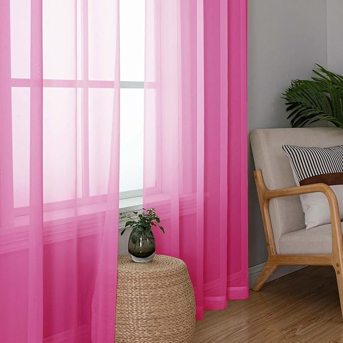 Lecloud Hot Pink Sheer Curtains 54 Inch Length 2 Pcs, Solid Color Voile Modern - Image 2