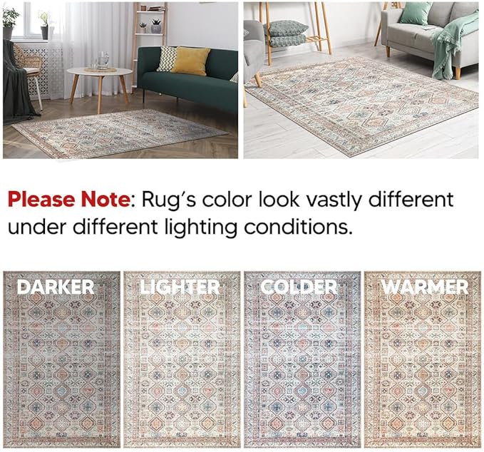 Keen Home Design 8x10 Rug - Machine Washable Area Rug with Non-Slip Backing, Ideal for Living Room, Dining Room, Bedroom - Vintage, Easy Clean, Durable, Low Pile Rug - (8' x 10')
