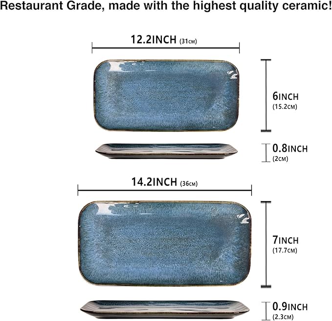 Porcelain Dinner Plates Blue 2 PCS, Serving platters for entertaining, for Fruit, cheese, snack, Bread, cupcake, Salad - Scratch Resistant durable, Microwave, Dishwasher Safe