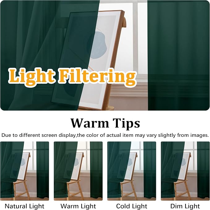Gwine Hunter Green Sheer Curtains 30 Inch Length, Short Light Filtering Voile - Image 6