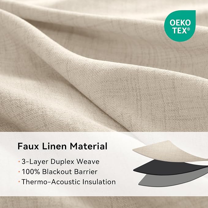 100% Blackout Linen Textured Curtains 63 Inch Long, Natural Flax | 100% - Image 4