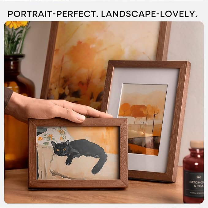 Homeforia 8x8 Picture Frame Brown, High-End Dark Oak 8 x 8 Square Brown Wood Frame with Mat 6 by 6 for Art, 8by8 Wooden Walnut Poster Frame Matted to 6x6 inch Photo, Tempered Glass, Wall Kit, Set of 1