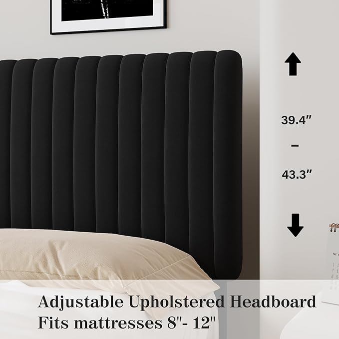 Queen Bed Frame, Velvet Upholstered Platform Bed with Vertical Channel Tufted Headboard, No Box Spring Required, Easy Assembly, Black