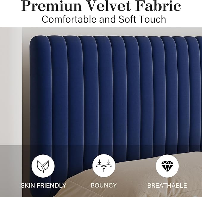 Twin Bed Frame, Velvet Upholstered Platform Bed with Vertical Channel Tufted Headboard and Footboard, No Box Spring Required, Easy Assembly, Blue