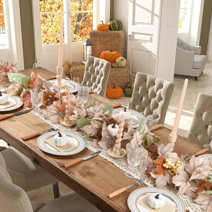 Lvydec Fall Maple Leaves Garland Decoration - 5.8ft Artificial Fall Foliage Garland with White Pumpkins Autumn Decor for Halloween Thanksgiving Home Table Decor (White)