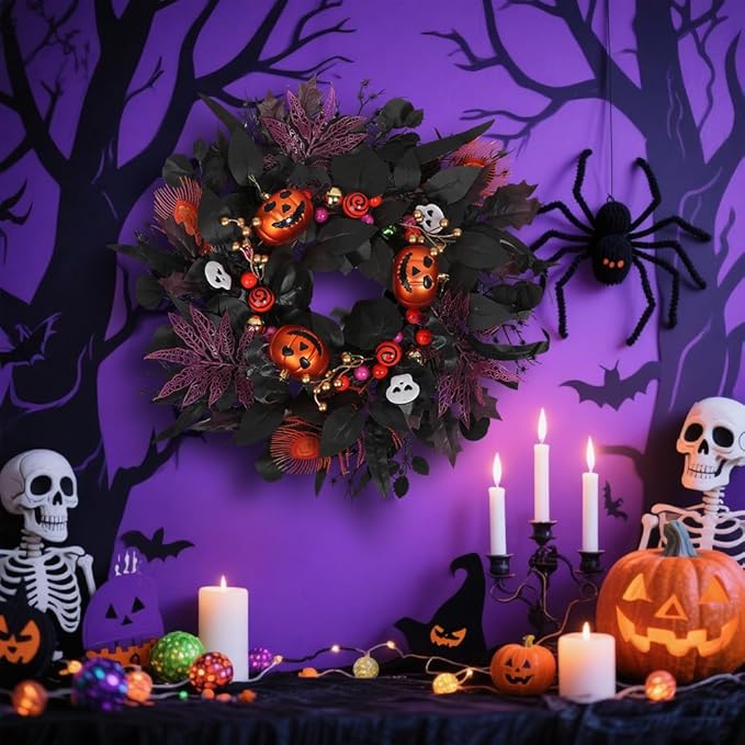 24" Glitter Halloween Wreath Outdoor - Sparkly Balls, Skulls, Bat, Skeleton, Pumpkin on Black Twig | Front Door Outside Goth Decor for Spooky Night