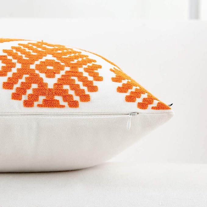 HWY 50 Orange Decorative Throw Pillow Covers 18x18 Inch, Pack of 2 Embroidered Cotton Farmhouse Cushion Cover Pillow Case for Sofa Couch Living Room Bed Bedroon, Modern Diamond Geometric