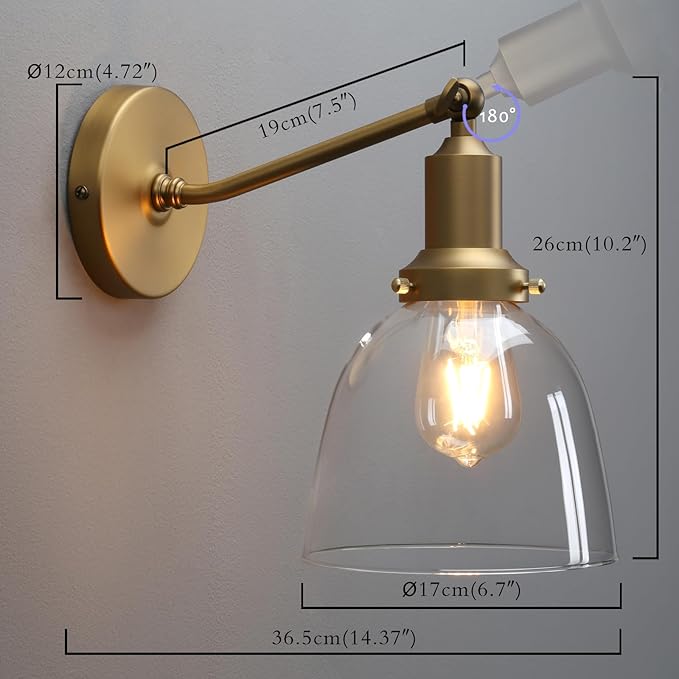 PERMO Industrial Vintage Slope Pole Wall Mount Single Sconce with 6.7" Oval Dome Clear Glass Shade Wall Sconce Light Fixture (Antique Gold)