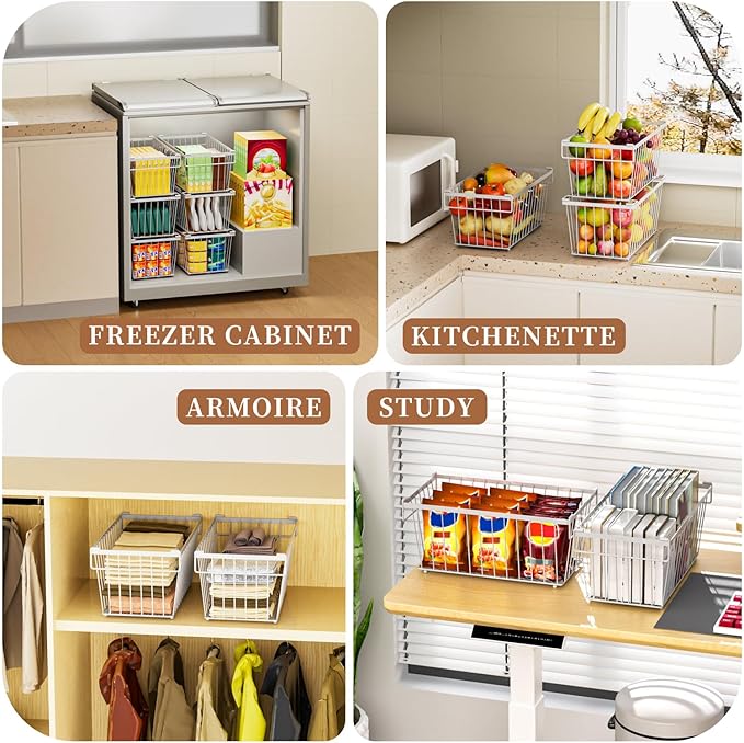 6 Pack Stackable Deep Freezer Organizer Bins ，Upgraded Bottom Leak-Proof net，Encryption and Hardening ， Freezer Organizer Bins for 5 to 9 Cu.FT Small Chest Freezer， Easy Get Bottom Foods