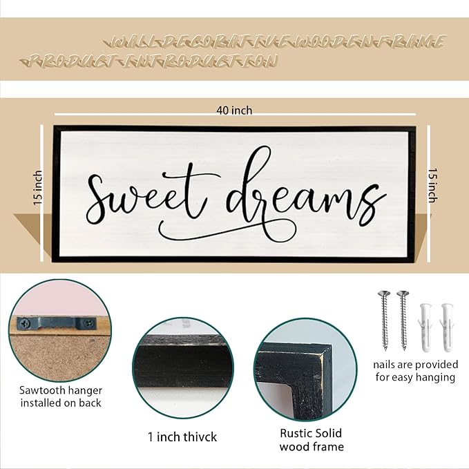 comurdyo Sweet Dreams Wall Decor Above Bed Sign 40" x 15" Master Bedroom Wooden Antique Framed Large Rustic Farmhouse Guest Room Beautiful Simple Hanging Plaque Over Bed Wall Art (Black)