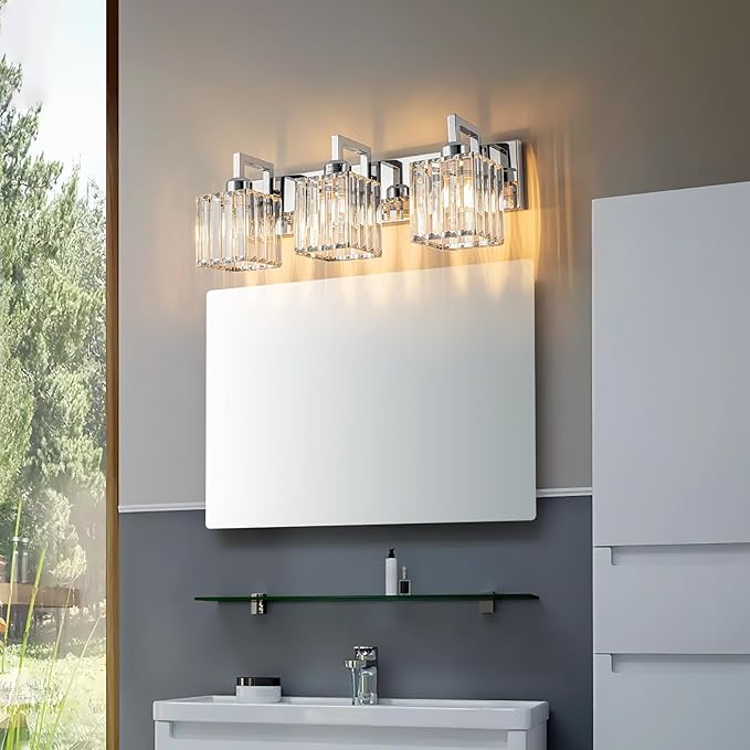 Modern Bathroom Vanity Light 3-Lights Chrome Crystal Wall Lamp Bathroom Modern Crystal Vanity Lighting