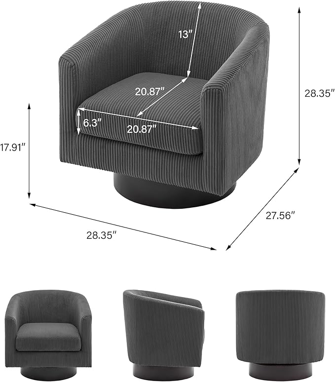 Swivel Barrel Accent Chair, Modern Round Corduroy Fabric Arm Chair for Living Room, Bedroom, Comfy Club Reading Chairs for Adults (Corduroy Grey, Set of 2)