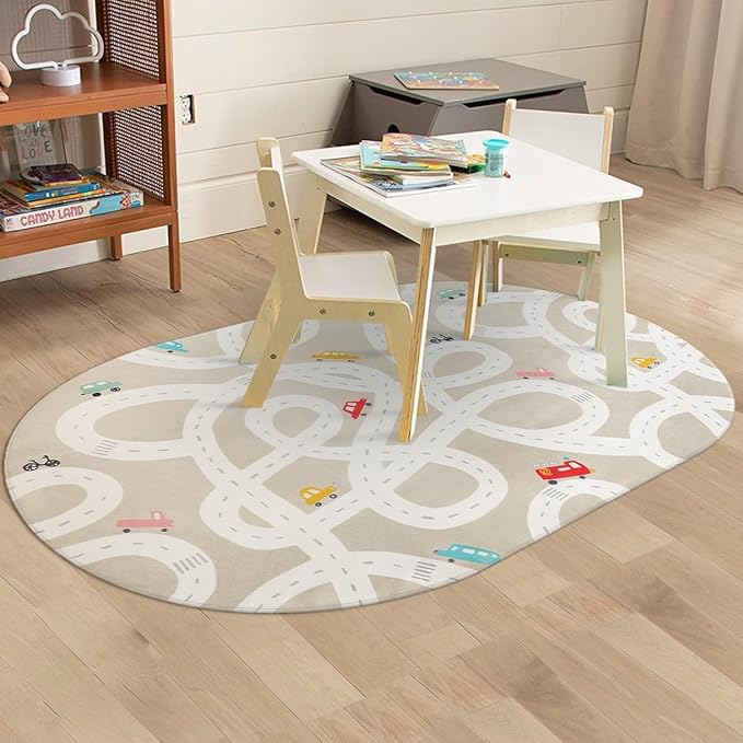 STARUIA Large Kids Rug for Playroom, 4'x6' Washable Road Rug for Nursery, Non-Slip Car Rugs for Boys Room, Tan Traffic Classroom Rugs Soft Baby Play Mat for Dorm Toy Room Tent