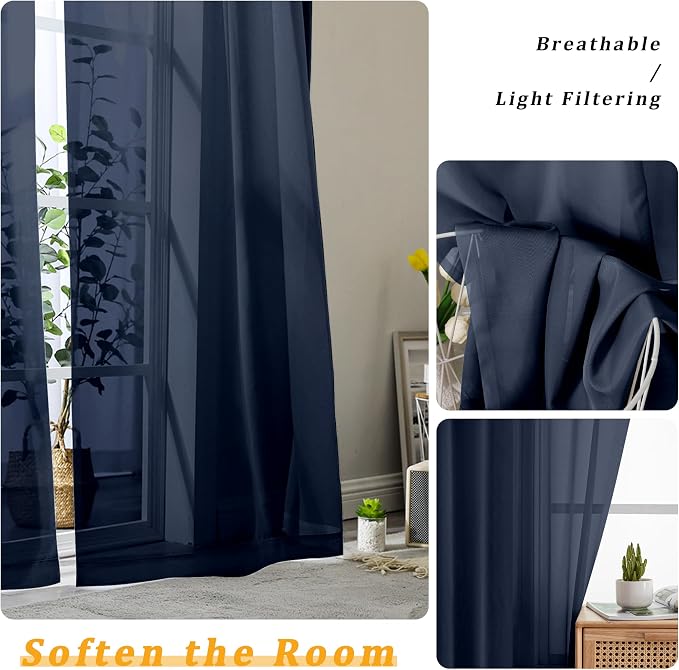 Gwine Navy Blue Sheer Curtains 90 Inches Long 2 Panels Set, Light Filtering - Image 4