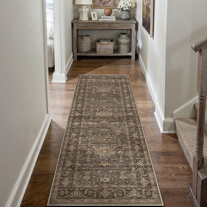 2x12 Washable Runner Rug for Hallway Kitchen Vintage Brown Non Slip Low Pile - Image 3
