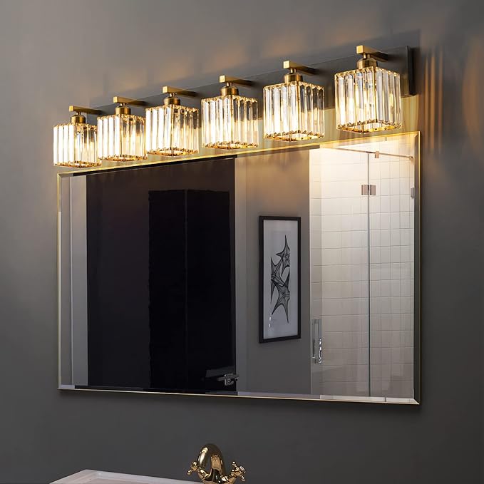 Modern Bathroom Vanity Light 6-Lights Black Gold Crystal Bathroom Wall Light Vanity Light Fixtures，44.09-inch Modern Minimalist Design