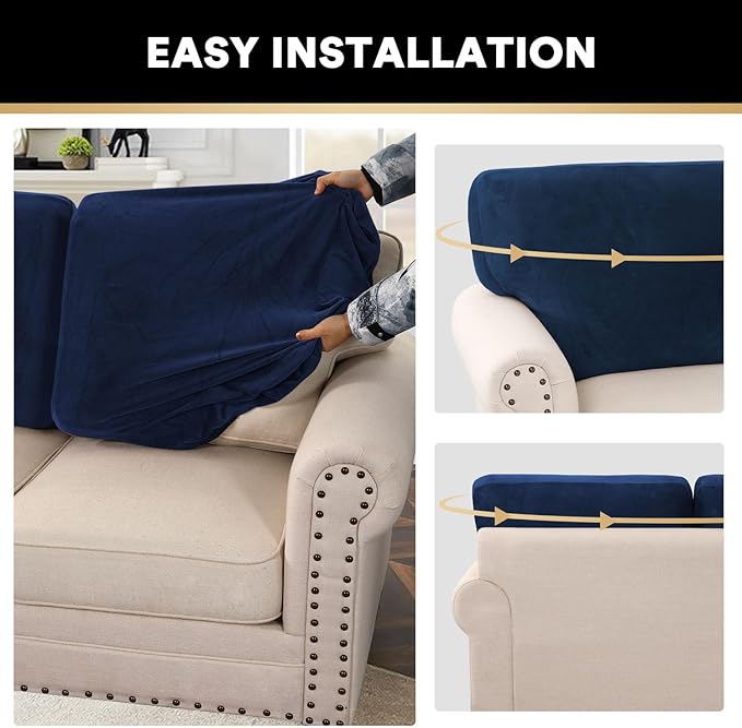 PrinceDeco Sectional Couch Covers Velvet Cushion Covers for Sectional Couch Cushion Covers for Sectional Sofa Separate Sectional Sofa Slipcovers Washable(1 Chaise Back+ 2 Sofa Back,Navy)