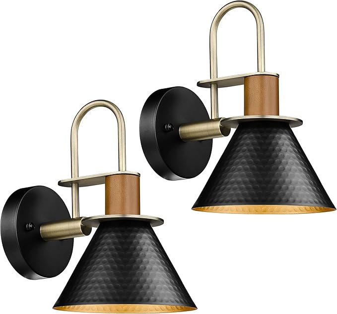 Modern Wall Sconces Set of Two, HWH Industrial Sconce Wall Lighting Indoor Wall Lamp, Gooseneck 1-Light Barn Vanity Light, Hammered Metal Shade, Black and Gold Finish, 5HZG74B-2 BK+BG