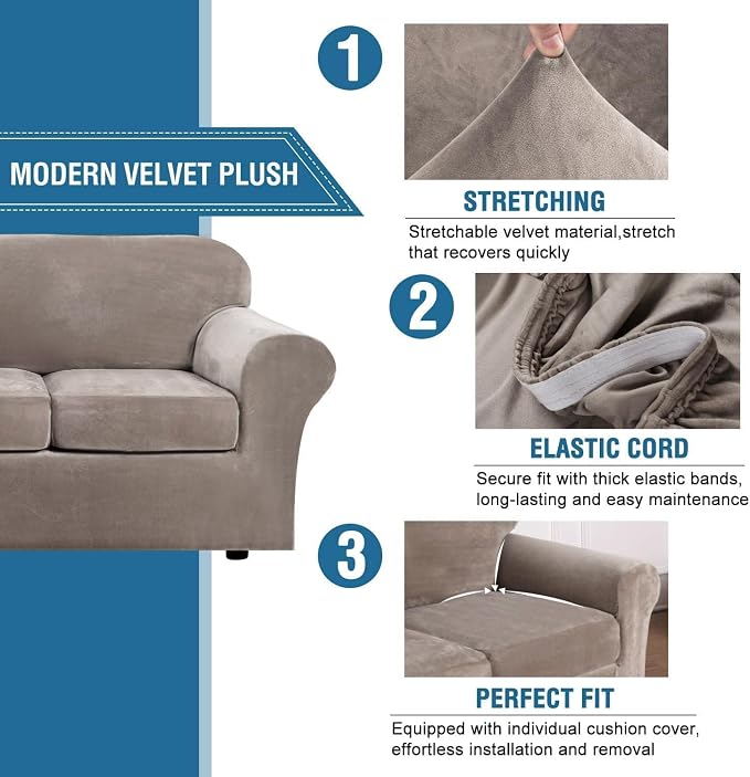 H.VERSAILTEX High Stretch Sofa Slipcover 4 Piece Cover Velvet Furniture - Image 3