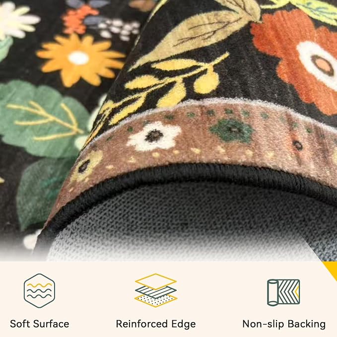 RELEANY Floral Washable 8x10 Area Rugs Black/Yellow | Flower Carpet Print Boho - Image 3