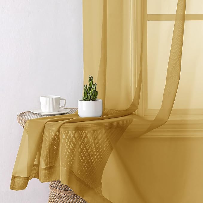Gold Sheer Curtains 84 Inches Long 2 Panels, Light Filtering Airy Voile Window - Image 3