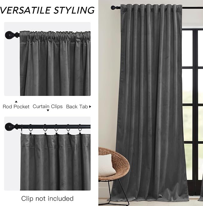 RYB HOME Grey Velvet Curtains 72 inches - Image 3