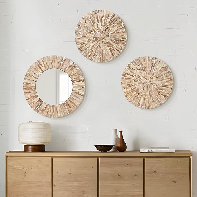 TEIPAI Boho Decorative Mirror for Living Room, 3PCS Handcrafted Mother of Pearl Mirror Wall Decor for Home Dorm Apartment Hallway Staircase, Mosaic Art Plates for Wedding Decoration (Dark Brown)