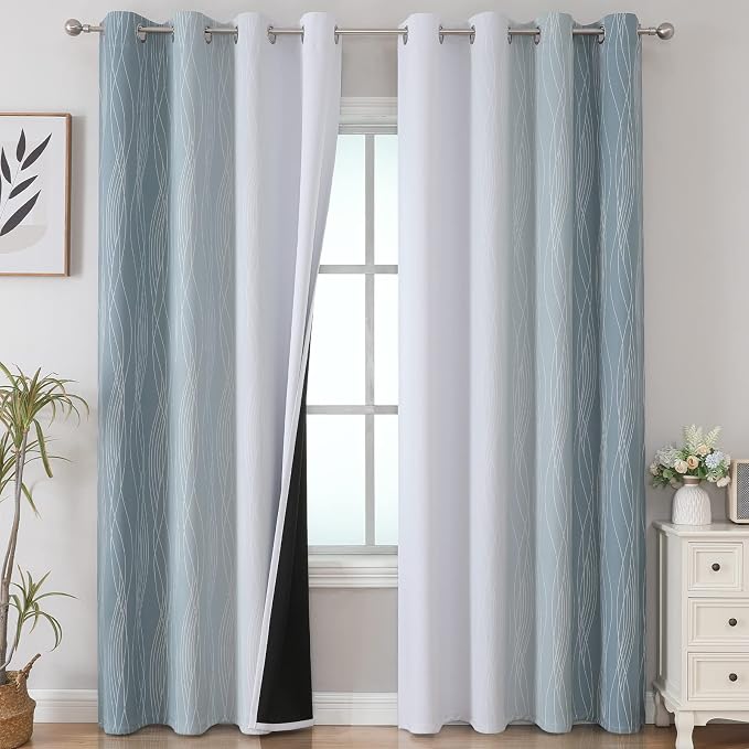 Estelar Textiler Stone Blue and Grayish White Blackout Curtains 108 Inches Long by ESTELARTEXTILER