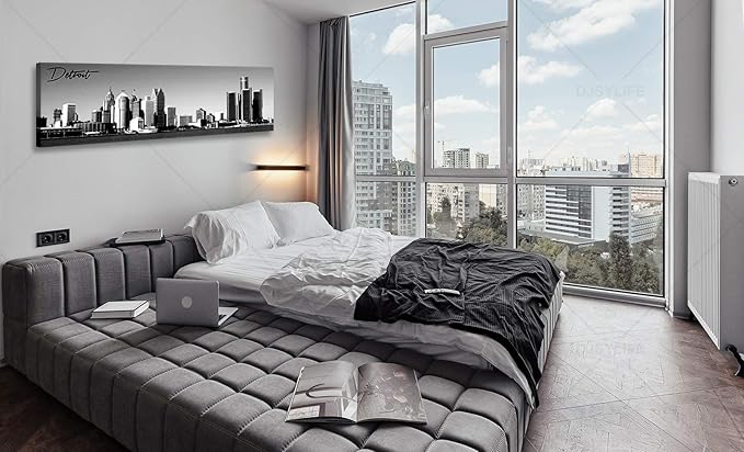 DJSYLIFE Detroit Skyline Wall Art Black and White Canvas Prints USA Skyscraper Panoramic Cityscape Picture for Bedroom Office Home Decoration Ready to Hang 13.8" x 47.3"