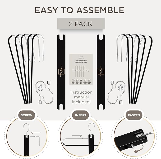MORALVE Pants Hangers Space Saving - 2 Pack European Beechwood Scarf and Jean Hangers - Closet Organizer and Space Saver Pant Rack, Leggings Hanger, and Scarf Holder with 360° Swivel Hook