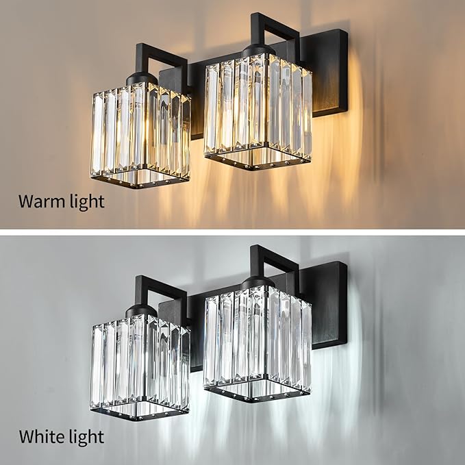 Modern Bathroom Vanity Light 2-Lights Black Crystal Bathroom Wall Light Vanity Light Fixtures