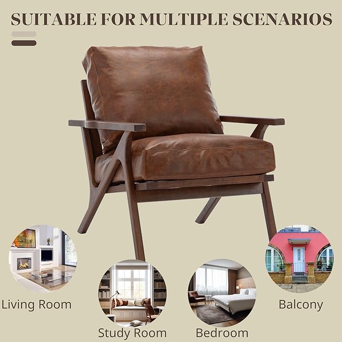 Wahson Brown Leather Accent Chair - Mid Century Modern Retro Upholstered Armchair with Wood Frame and Removable PU Cushions - Large Compfy Leisure Slipper Chair for Living Room/Bedroom (Set of 2)