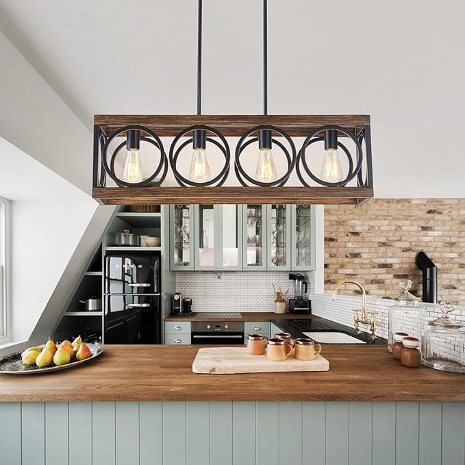 XINGQI Black Kitchen Island Light Fixtures, Farmhouse Dining Room Chandelier Rectangular Linear Chandeliers Pendant Ceiling Light Fixture for Bar Office Coffee Shop 4-Light Wood Grain