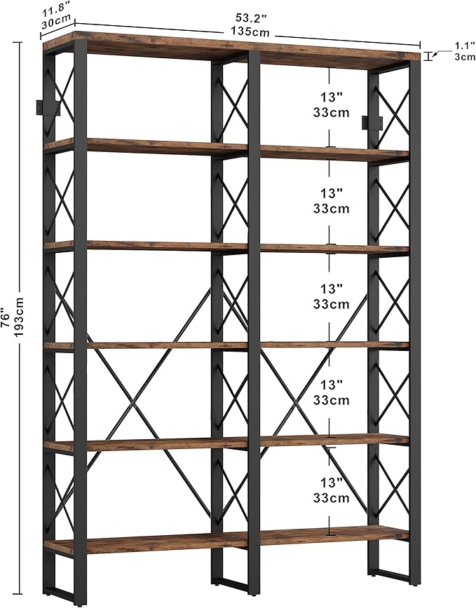 IRONCK Bookshelf Double Wide 6-Tier 76" H, Open Large Bookcase, Industrial Style Shelves, Wood and Metal Bookshelves for Home Office, Easy Assembly
